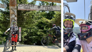 widok na bramę bike parku i kolarzy