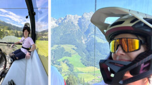 kolarze w gondoli na szczyt w bike parku leogang