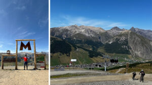 Widok z Mottolino w Livigno - na Alpy i kolarzy enduro zjeżdżających Bike Parkiem